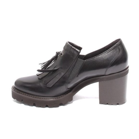 ITALIAN Black Leather Elastic Fringe Heel Platform Shoes - Picture 6 of 8